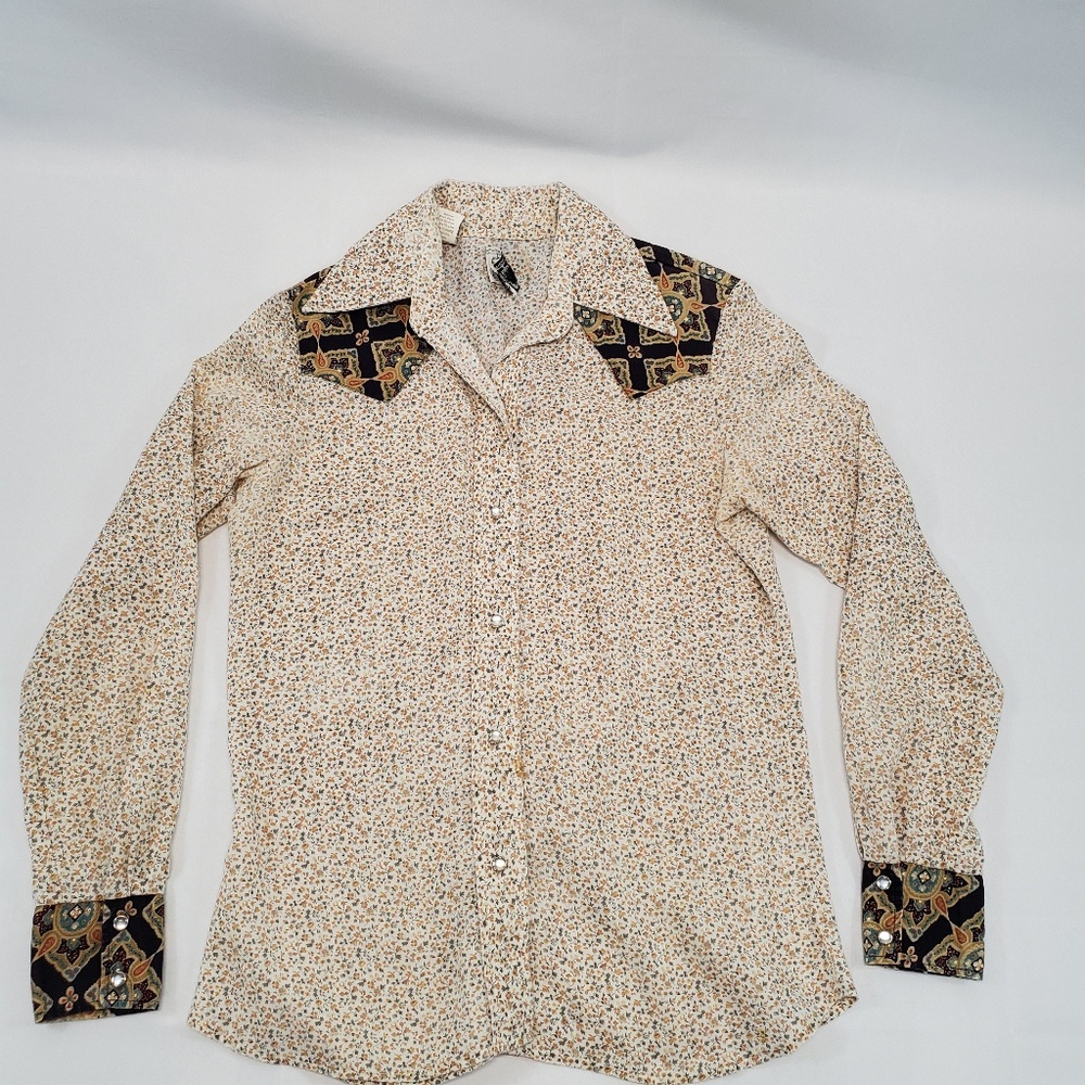 Vintage 70s Karman Western Wear Brown Cream Floral Snap Shirt Blouse